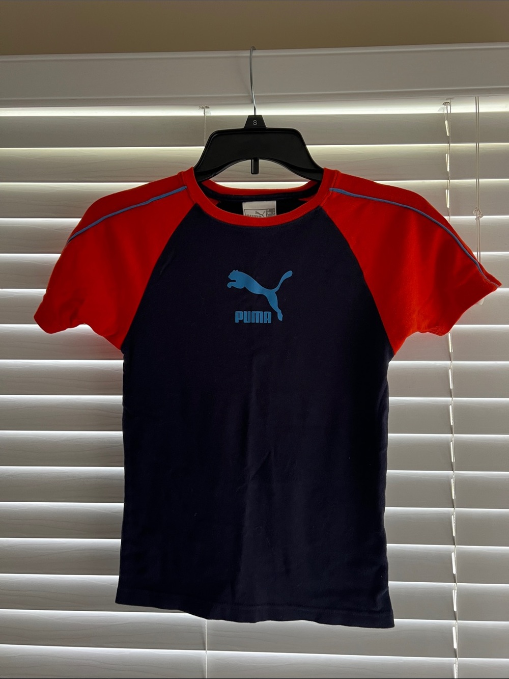 Puma Navy Tee with Orange Sleeves and Light Blue Logo Size S